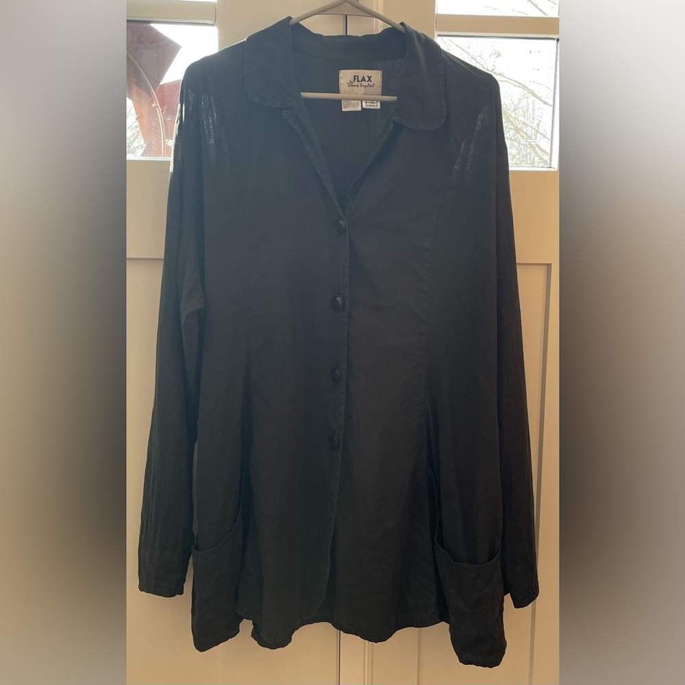 Flax 100% linen tunic button up shirt jacket shacket large black dark gray - Picture 2 of 9